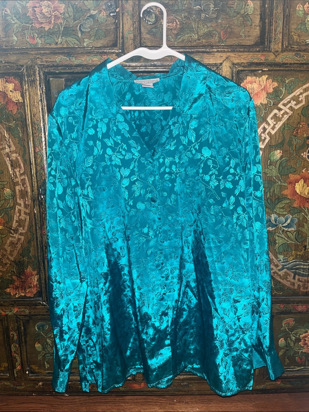 Retro Teal Button Down Blouse with floral pattern